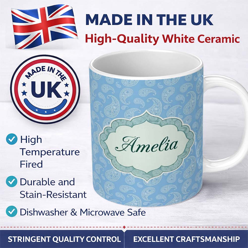 Personalized Custom Name Muted Blue Paisley Vintage Floral Seamless Pattern Name Cute Unique 11oz Ceramic Coffee Tea Mug White Large Handle