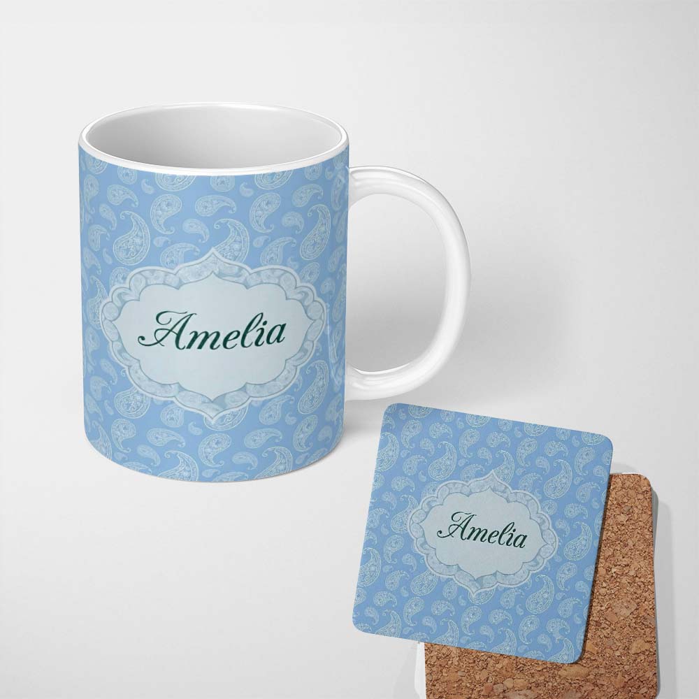 Personalized Custom Name Cool Blue Paisley Decorative Bandana Seamless Pattern Design Name 11oz Ceramic Coffee Tea Mug White Large Handle