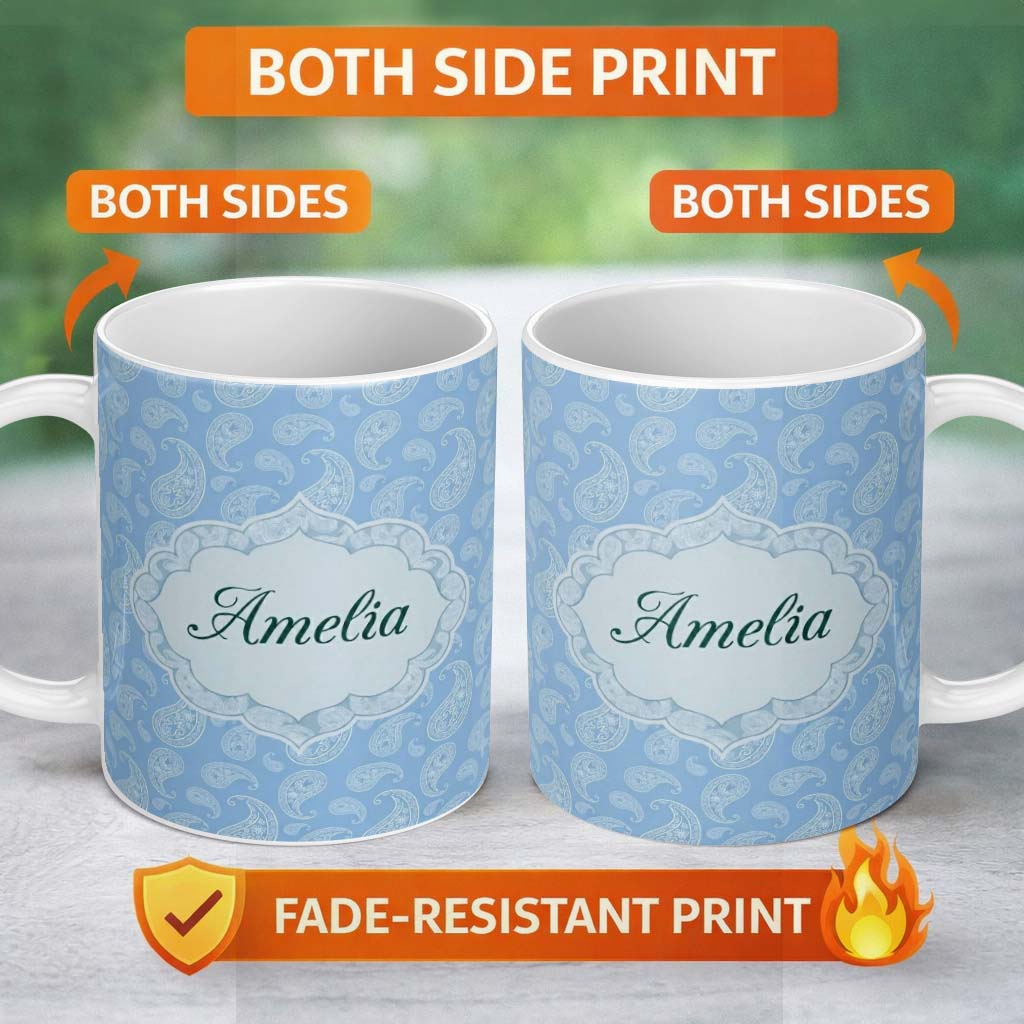 Personalized Custom Name Cool Blue Paisley Decorative Bandana Seamless Pattern Design Name 11oz Ceramic Coffee Tea Mug White Large Handle