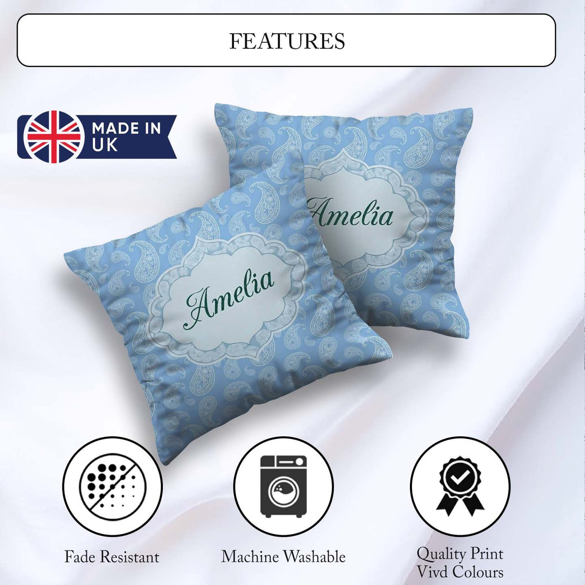 Custom Name Cool Blue Paisley Decorative Bandana Seamless Design Square Filled Cushion Throw Pillow Sofa Bed Home Decor Zip Washable UK Made