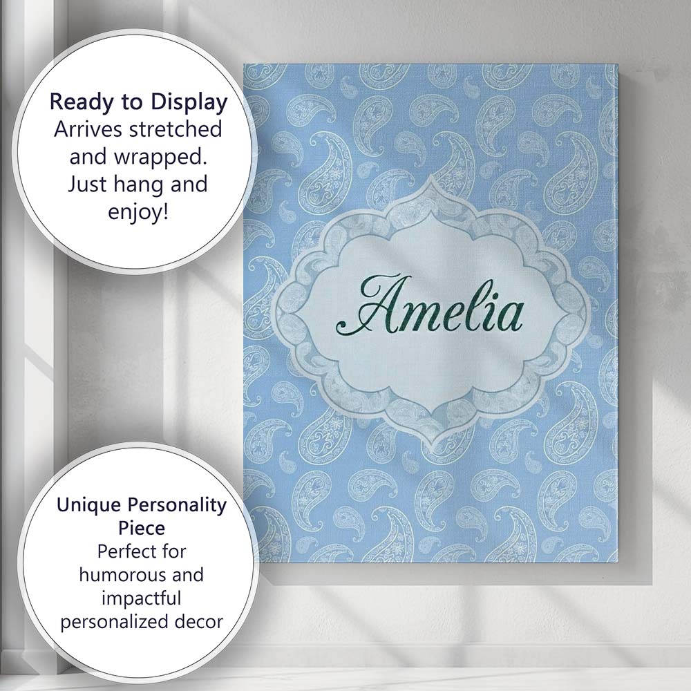 Personalised Name Cool Blue Paisley Decorative Bandana Seamless Creative Decorator Style Canvas Wall Art Print Decor Picture Ready to Hang