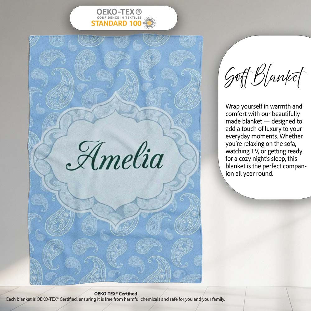 Cool Blue Paisley Decorative Bandana Seamless Pattern Design Name Personalised Custom Name Super Soft Fleece Blanket Bed Sofa Throw