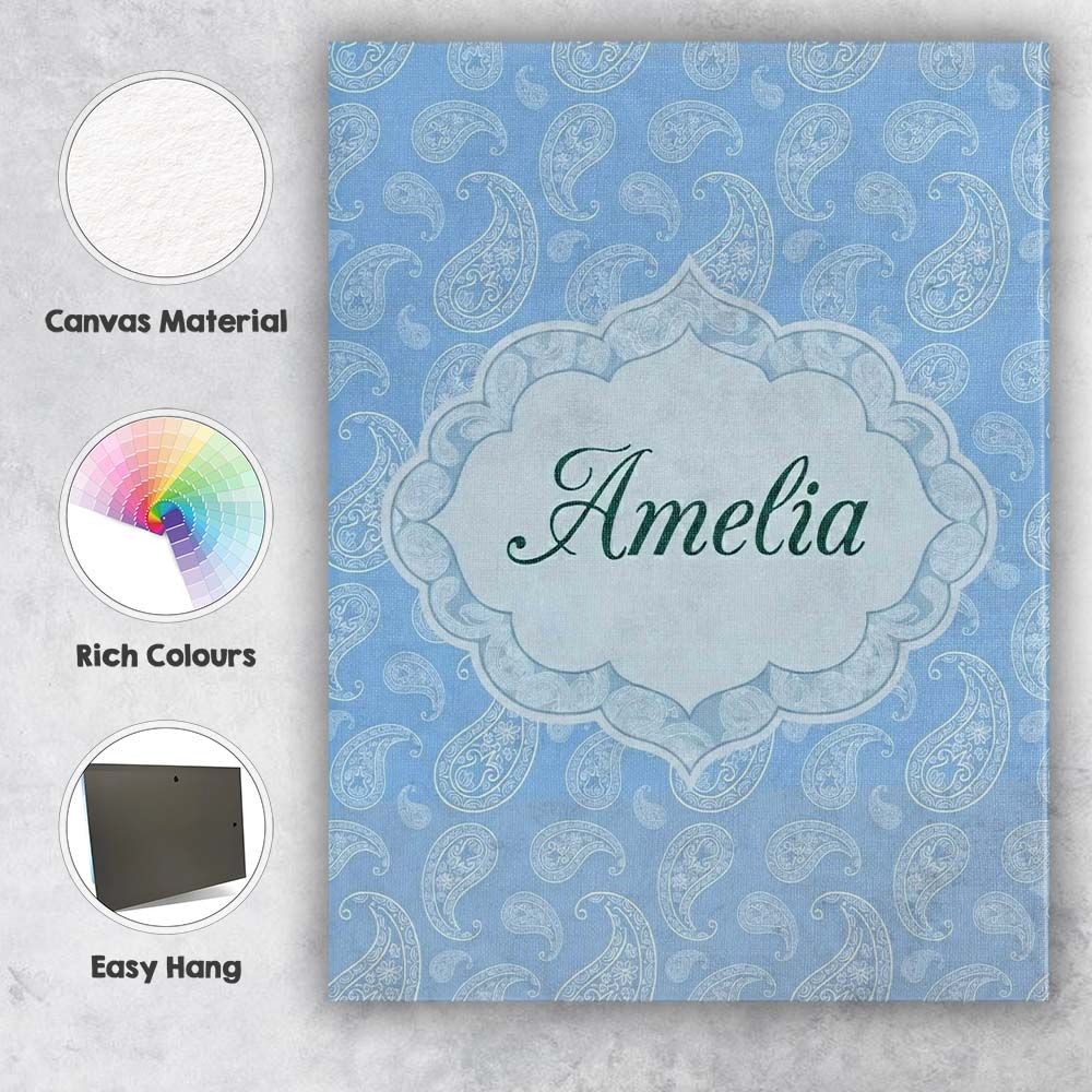 Personalised Name Cool Blue Paisley Decorative Bandana Seamless Creative Decorator Style Canvas Wall Art Print Decor Picture Ready to Hang