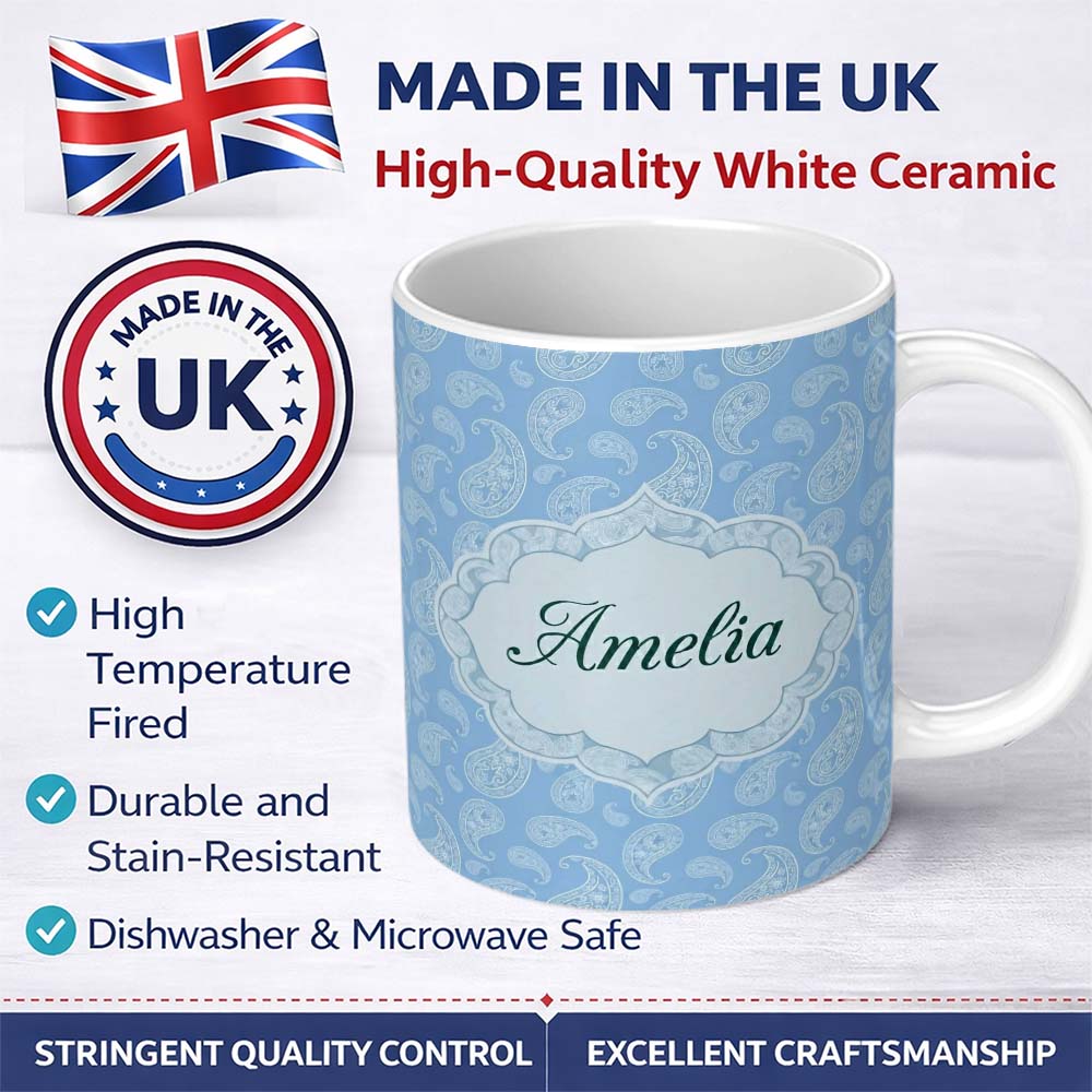 Personalized Custom Name Cool Blue Paisley Decorative Bandana Seamless Pattern Design Name 11oz Ceramic Coffee Tea Mug White Large Handle