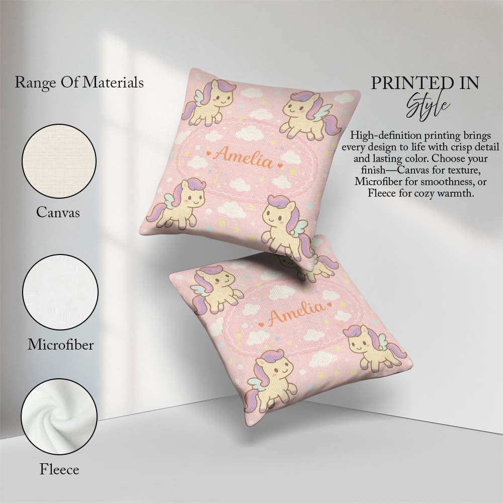 Custom Name Cute Pegasus Unicorn Cartoon Animal Pattern Decor Square Filled Cushion Throw Pillow Sofa Bed Home Decor Zip Washable UK Made