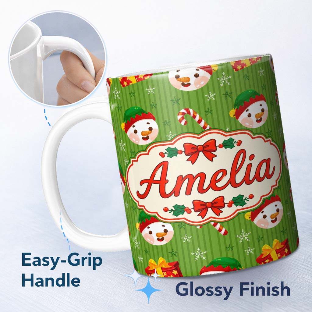Personalized Custom Name Cute Snowman Candy Cane Gift Box Green Stripe Seamless Pattern 11oz Ceramic Coffee Tea Mug White Large Handle