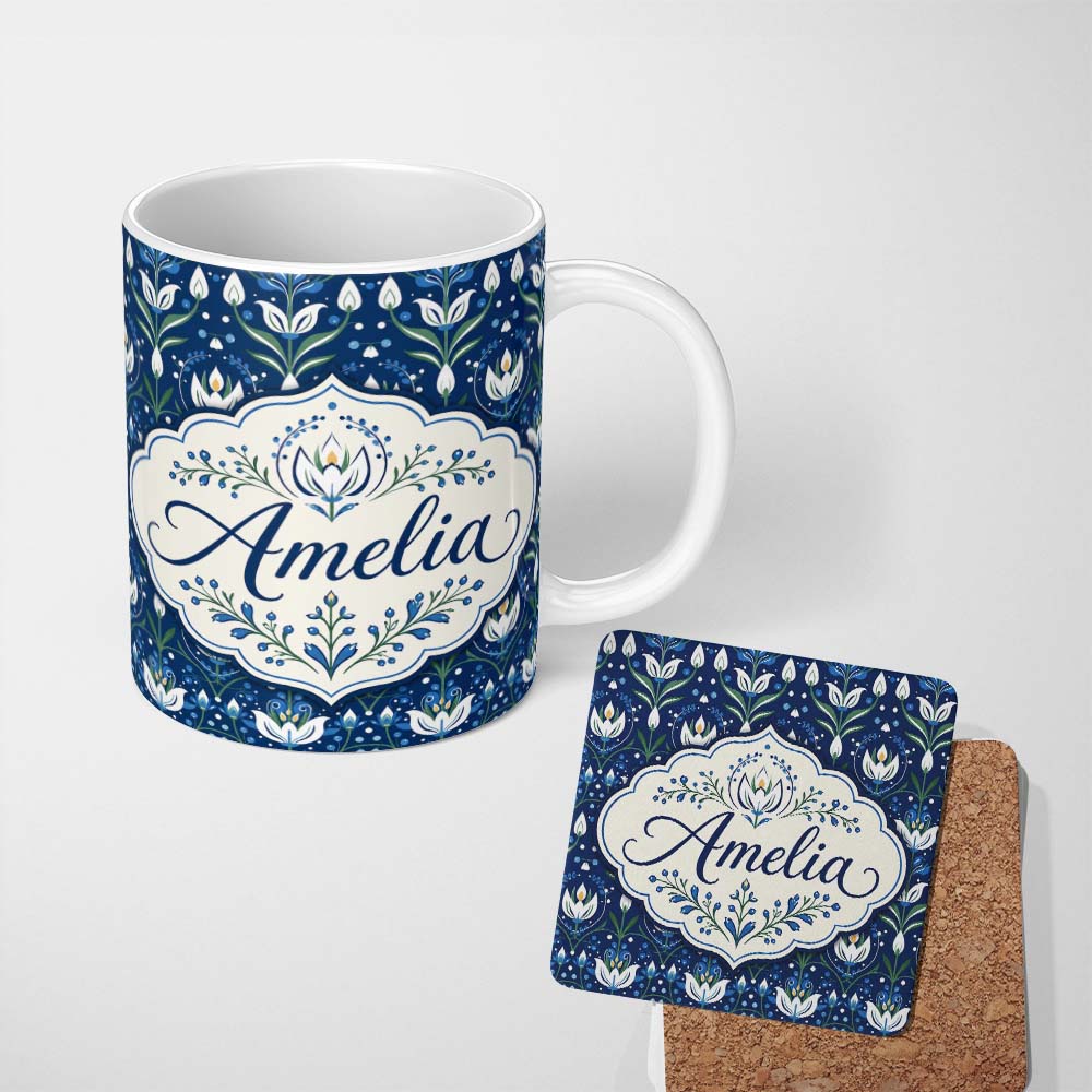 Personalized Custom Name Symmetrical Blue Floral Folk Art Pattern with White Blooms Seamless 11oz Ceramic Coffee Tea Mug White Large Handle