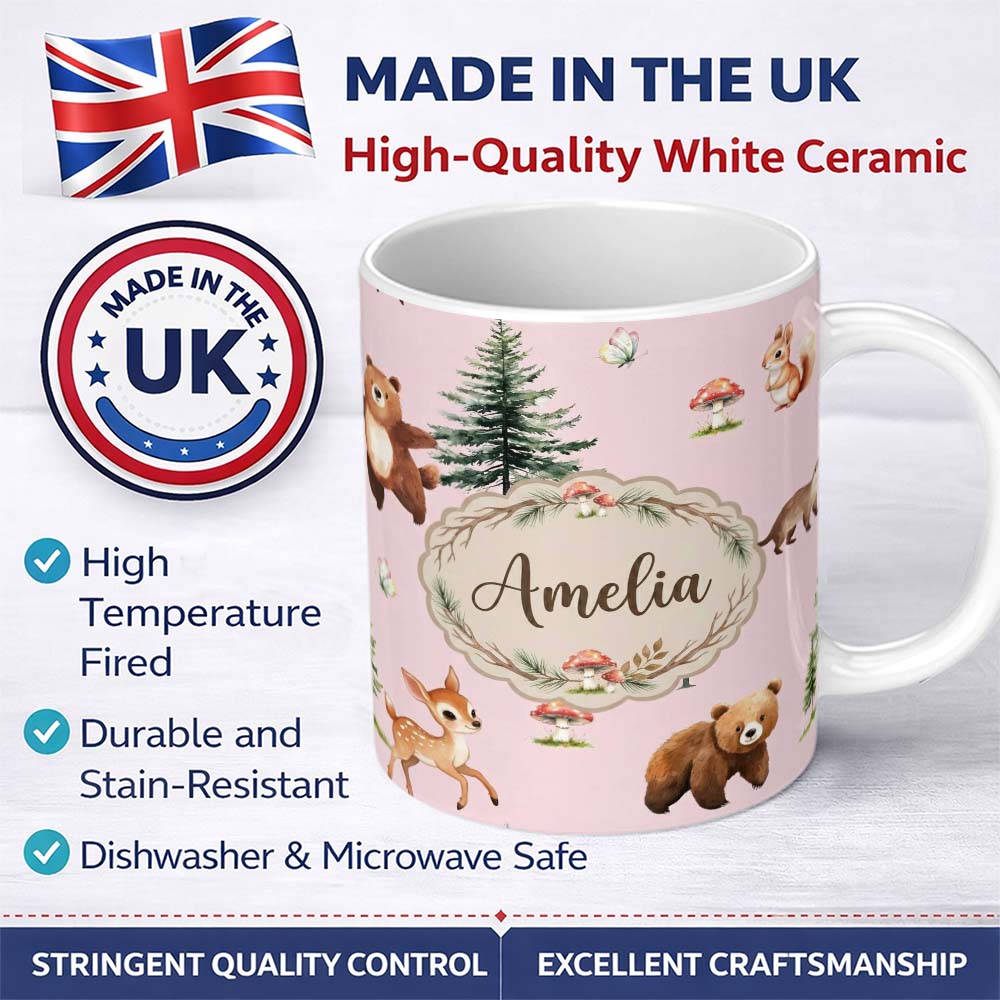 Personalized Custom Name Forest Animals Bear Bunny Squirrel Trees on Warm Pink Seamless 11oz Ceramic Coffee Tea Mug White Large Handle