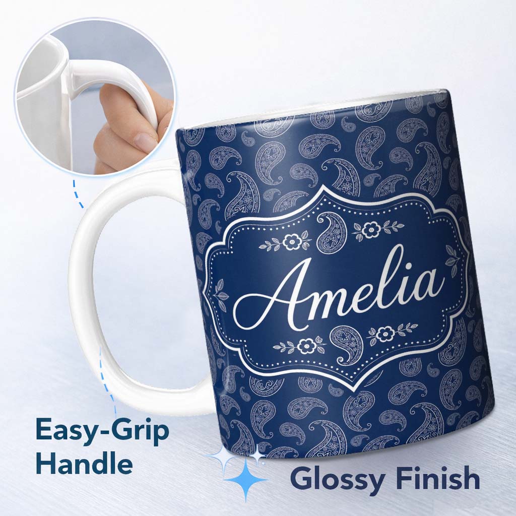 Personalized Custom Name Navy Blue Paisley Classic Ornamental Seamless Pattern Design Name 11oz Ceramic Coffee Tea Mug White Large Handle