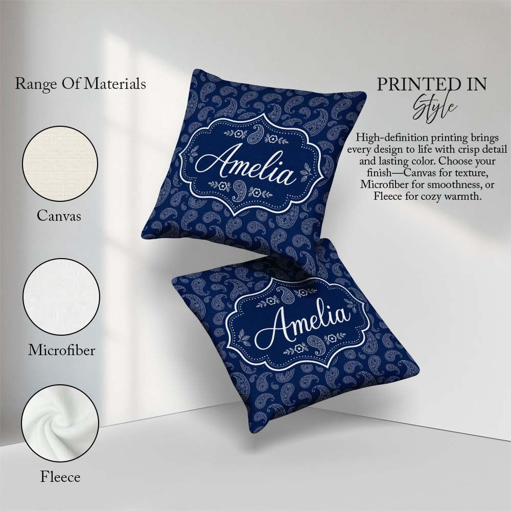 Custom Name Navy Blue Paisley Classic Ornamental Seamless Design Square Filled Cushion Throw Pillow Sofa Bed Home Decor Zip Washable UK Made