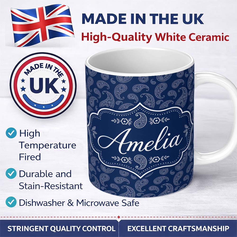 Personalized Custom Name Navy Blue Paisley Classic Ornamental Seamless Pattern Design Name 11oz Ceramic Coffee Tea Mug White Large Handle