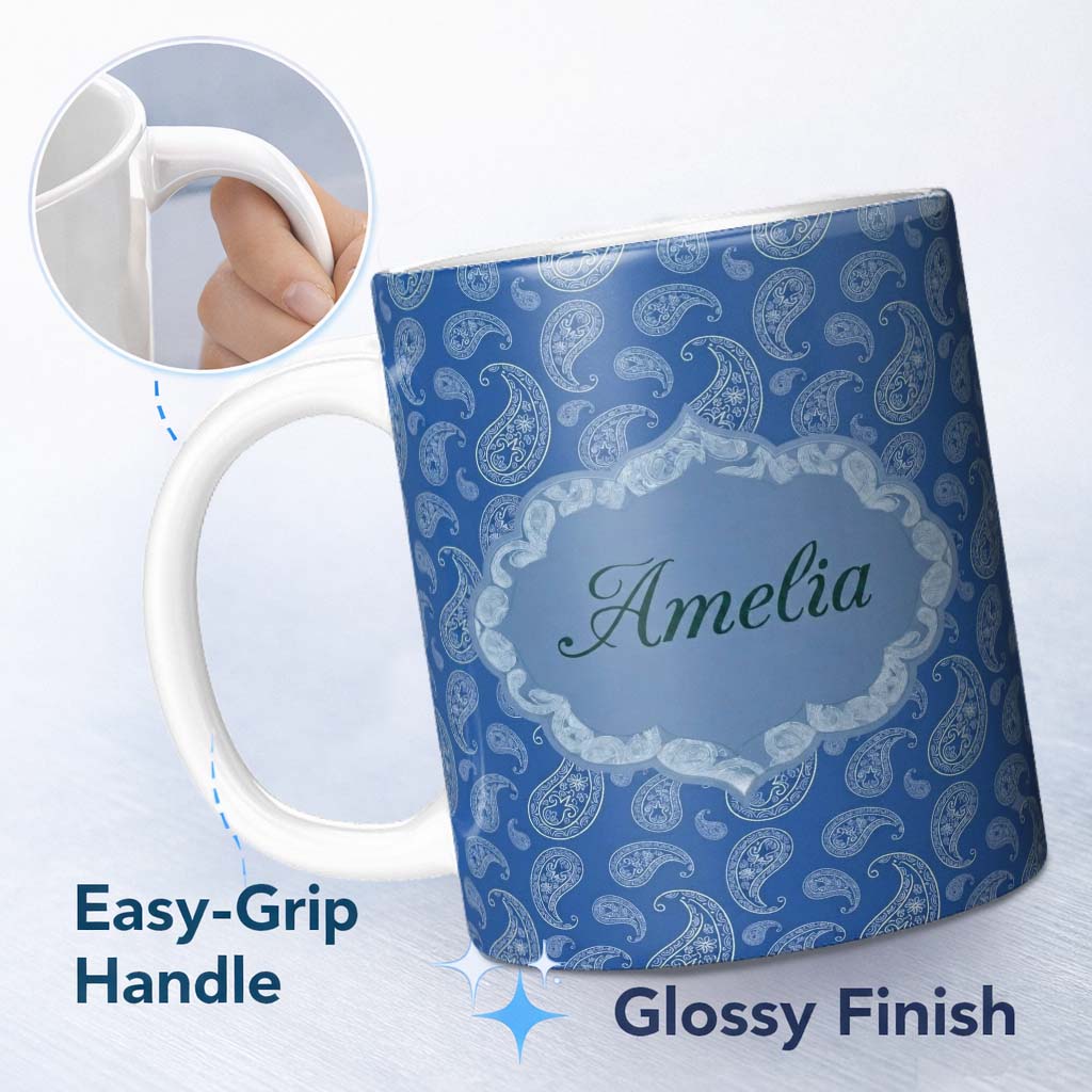 Personalized Custom Name Elegant White Paisley Floral Pattern on Deep Blue Background 11oz Ceramic Coffee Tea Mug White Large Handle