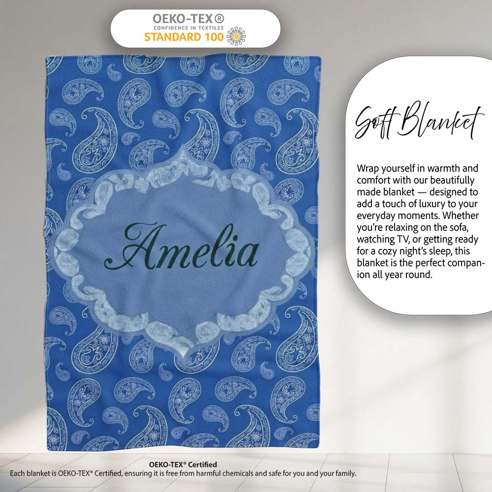 Elegant White Paisley Floral Pattern on Deep Blue Background Personalised Custom Name Super Soft Fleece Blanket Bed Sofa Throw