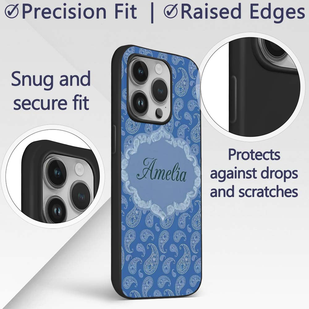 Elegant White Paisley Floral Pattern on Deep Blue Custom Name Protective Phone Case Mobile Cover Durable Everyday Smartphone Shock Resistant