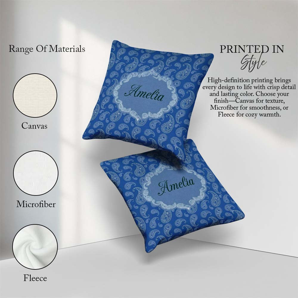 Custom Name Elegant White Paisley Floral on Deep Blue Background Square Filled Cushion Throw Pillow Sofa Bed Home Decor Zip Washable UK Made