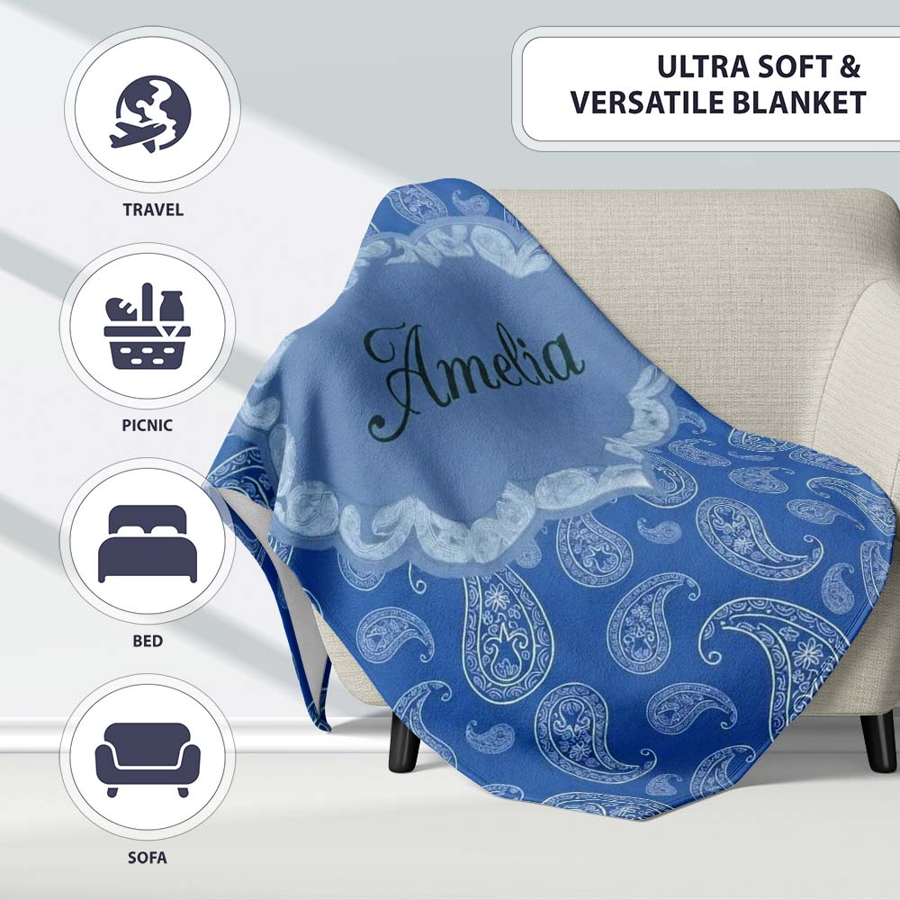 Elegant White Paisley Floral Pattern on Deep Blue Background Personalised Custom Name Super Soft Fleece Blanket Bed Sofa Throw