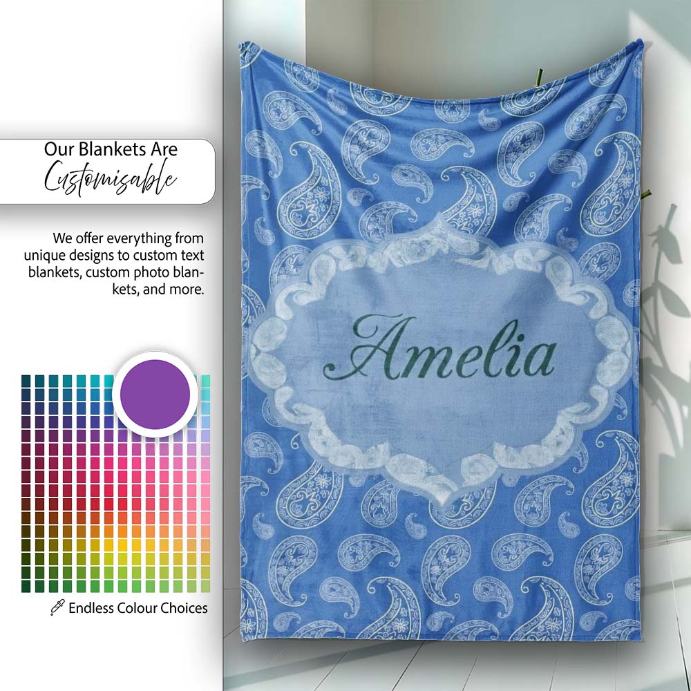 Elegant White Paisley Floral Pattern on Deep Blue Background Personalised Custom Name Super Soft Fleece Blanket Bed Sofa Throw