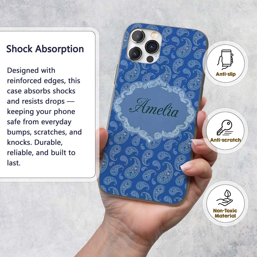Elegant White Paisley Floral Pattern on Deep Blue Custom Name Protective Phone Case Mobile Cover Durable Everyday Smartphone Shock Resistant
