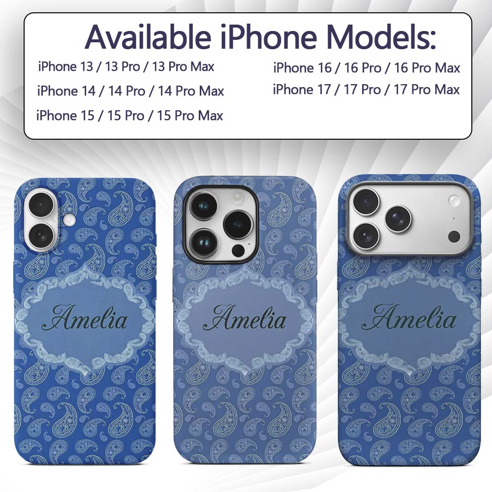 Elegant White Paisley Floral Pattern on Deep Blue Custom Name Protective Phone Case Mobile Cover Durable Everyday Smartphone Shock Resistant