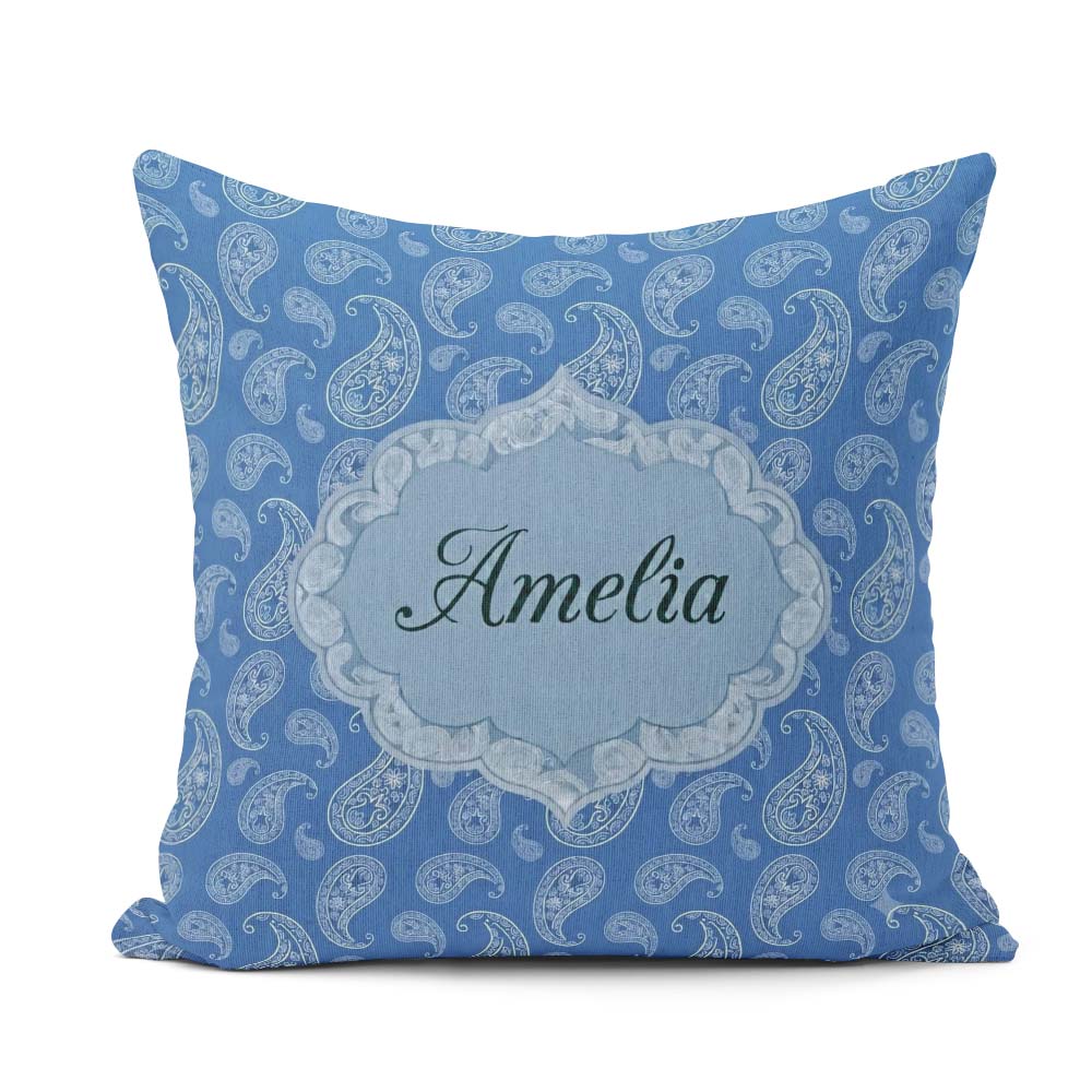 Custom Name Intricate White Paisley Motif Design on Classic Blue Square Filled Cushion Throw Pillow Sofa Bed Home Decor Zip Washable UK Made