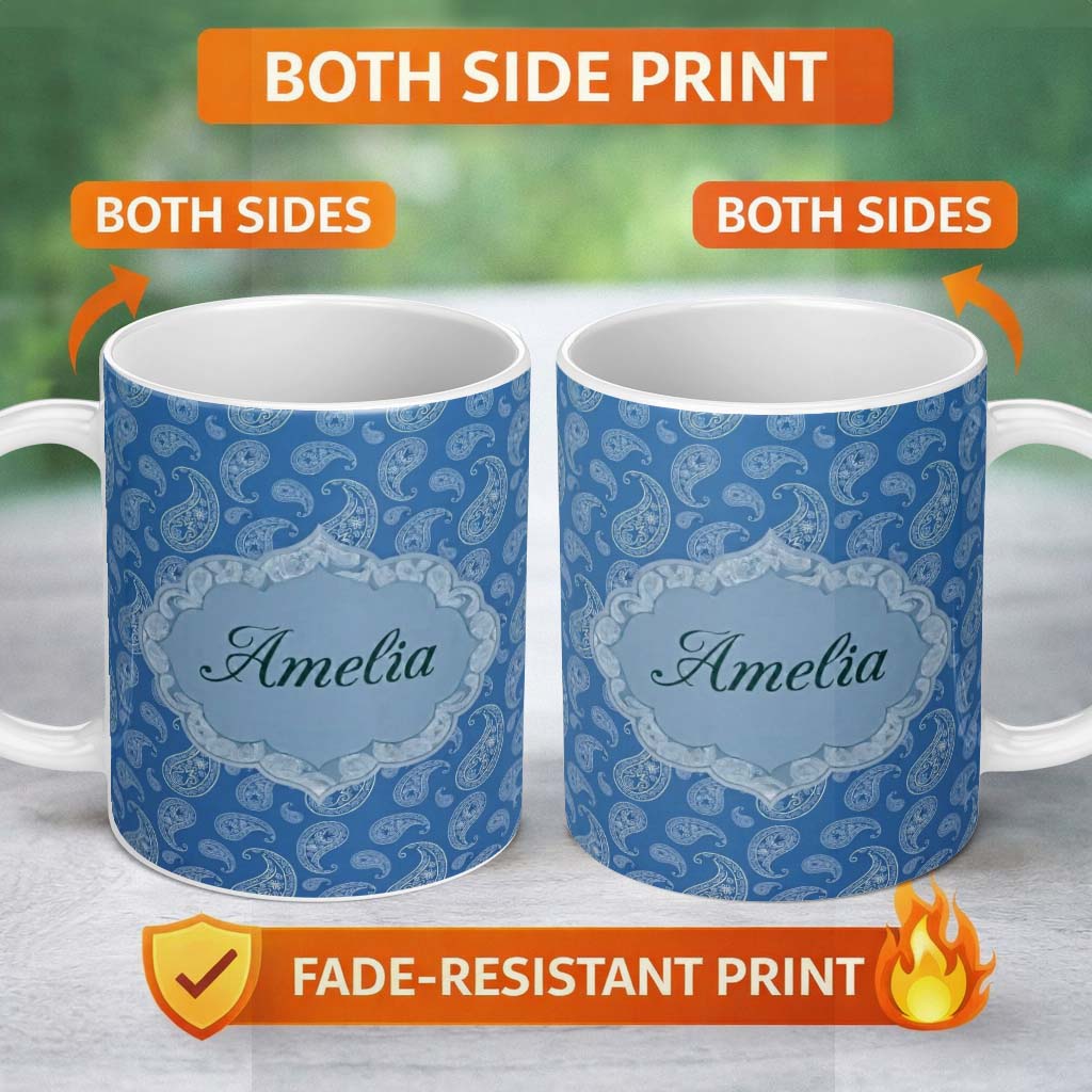 Personalized Custom Name Intricate White Paisley Motif Design on Classic Blue Background 11oz Ceramic Coffee Tea Mug White Large Handle