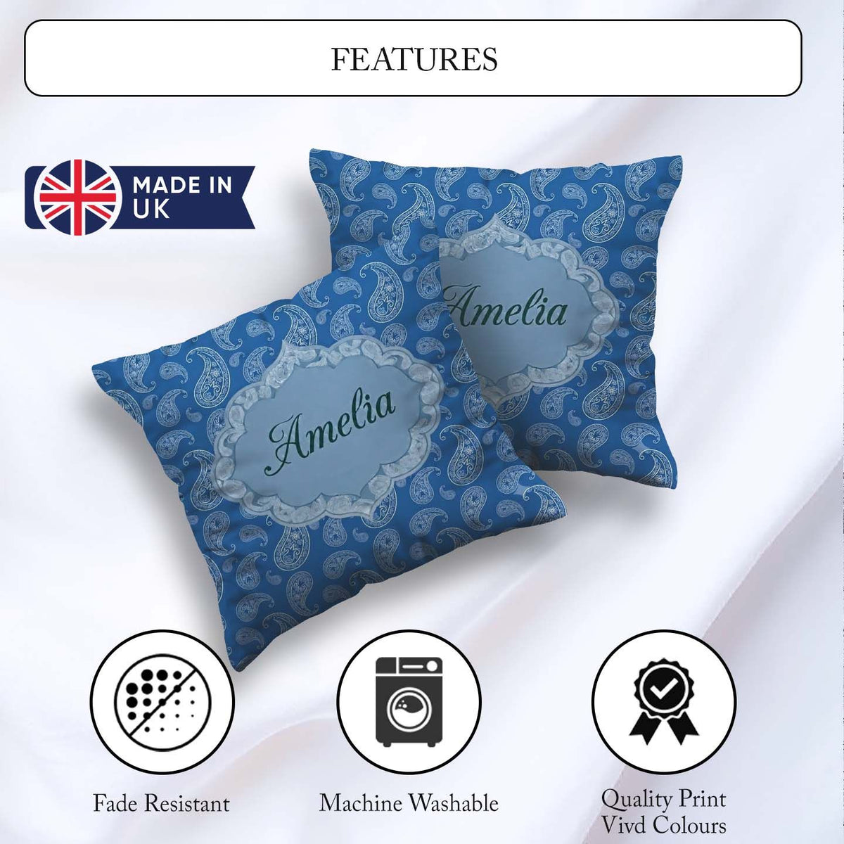 Custom Name Intricate White Paisley Motif Design on Classic Blue Square Filled Cushion Throw Pillow Sofa Bed Home Decor Zip Washable UK Made