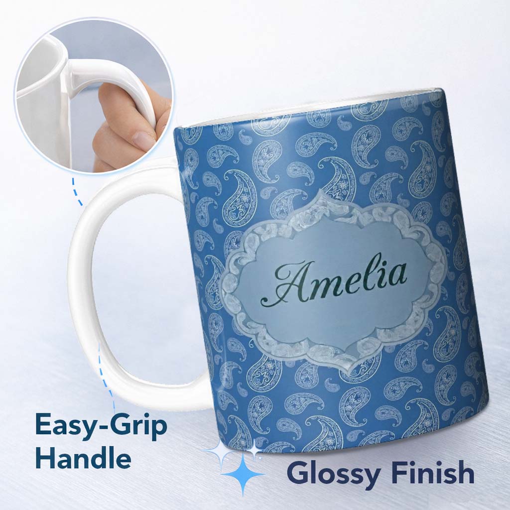 Personalized Custom Name Intricate White Paisley Motif Design on Classic Blue Background 11oz Ceramic Coffee Tea Mug White Large Handle