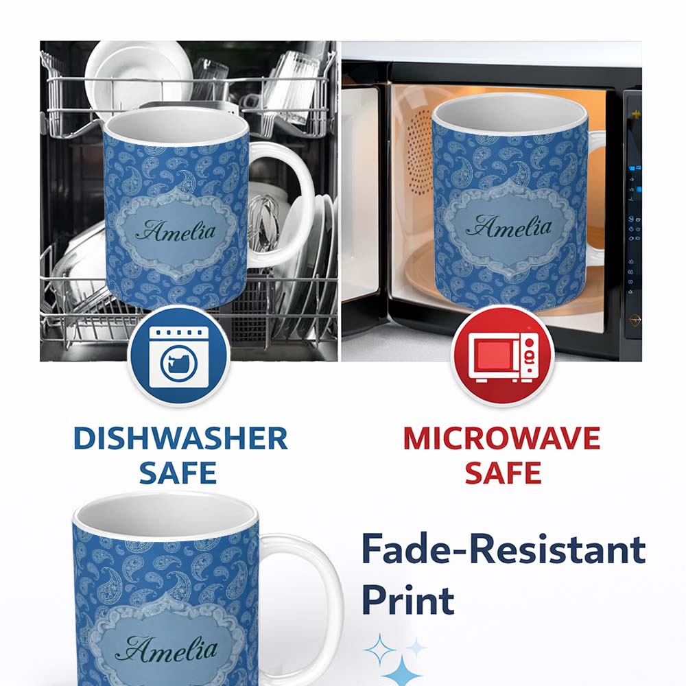 Personalized Custom Name Intricate White Paisley Motif Design on Classic Blue Background 11oz Ceramic Coffee Tea Mug White Large Handle