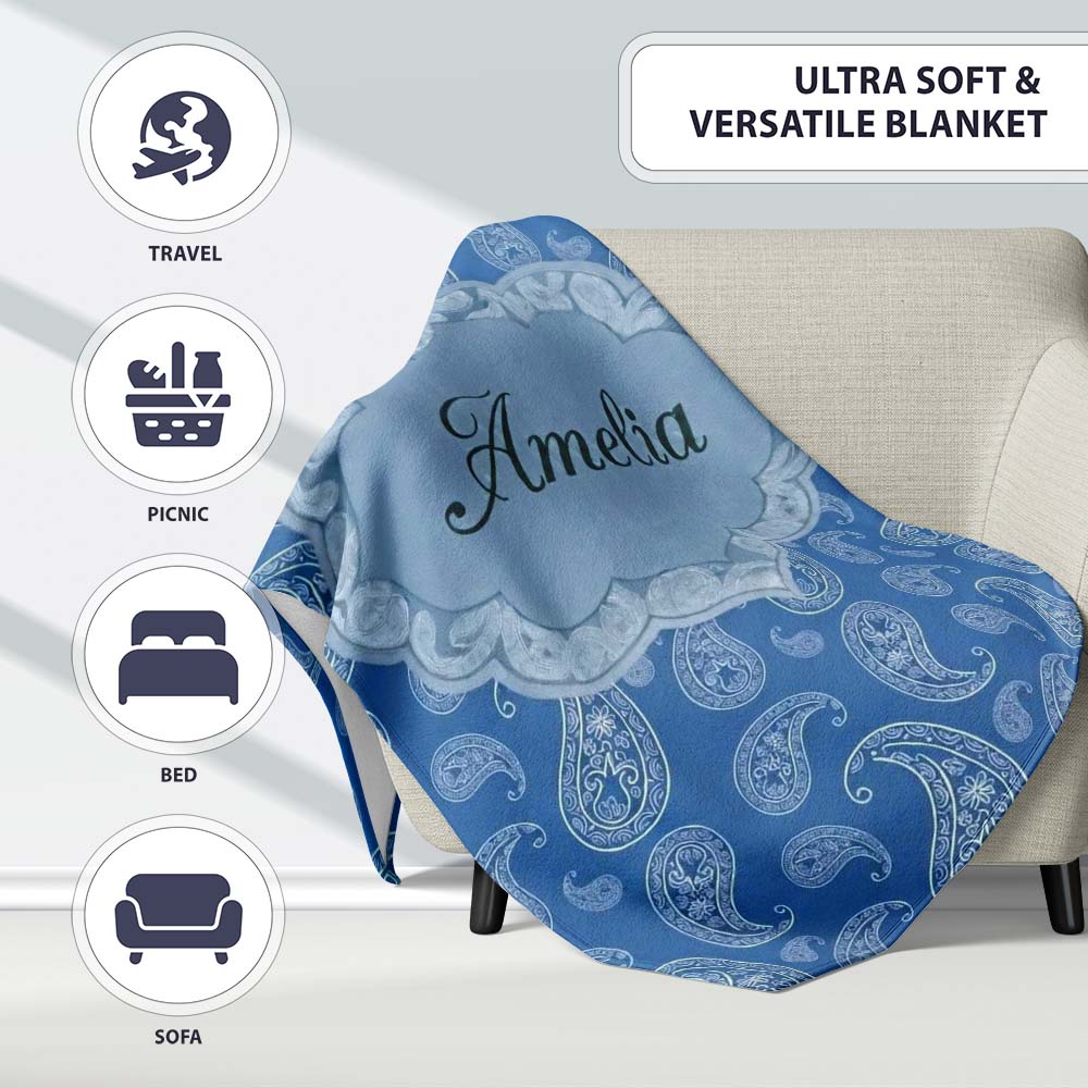 Intricate White Paisley Motif Design on Classic Blue Background Personalised Custom Name Super Soft Fleece Blanket Bed Sofa Throw