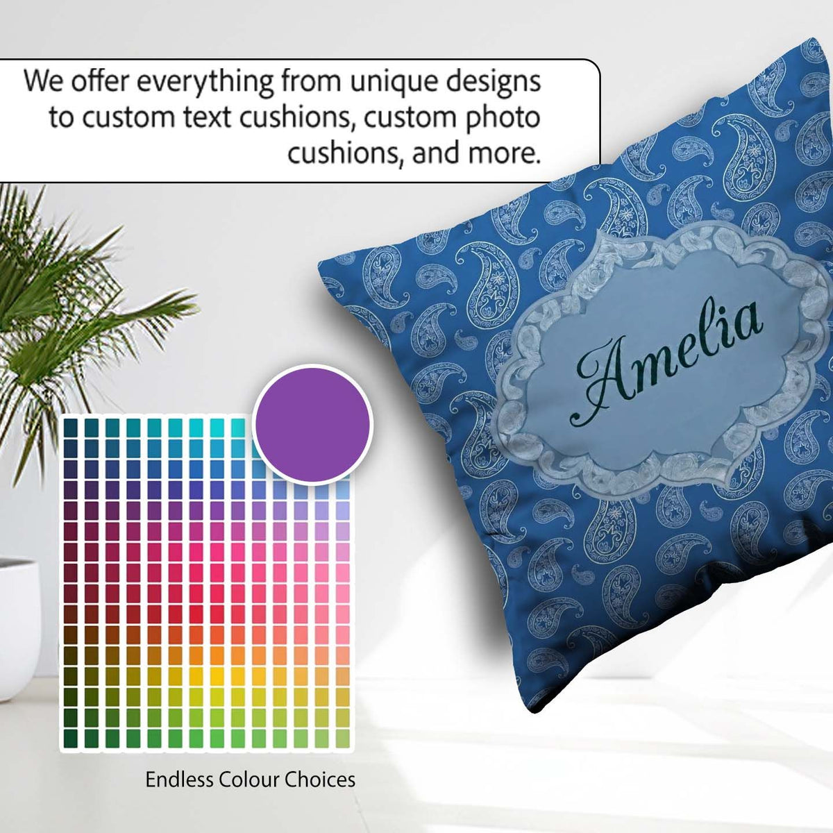 Custom Name Intricate White Paisley Motif Design on Classic Blue Square Filled Cushion Throw Pillow Sofa Bed Home Decor Zip Washable UK Made