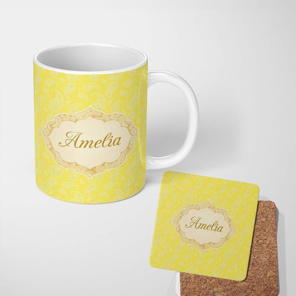 Personalized Custom Name Delicate White Paisley Pattern on Bright Yellow Background Seamless 11oz Ceramic Coffee Tea Mug White Large Handle