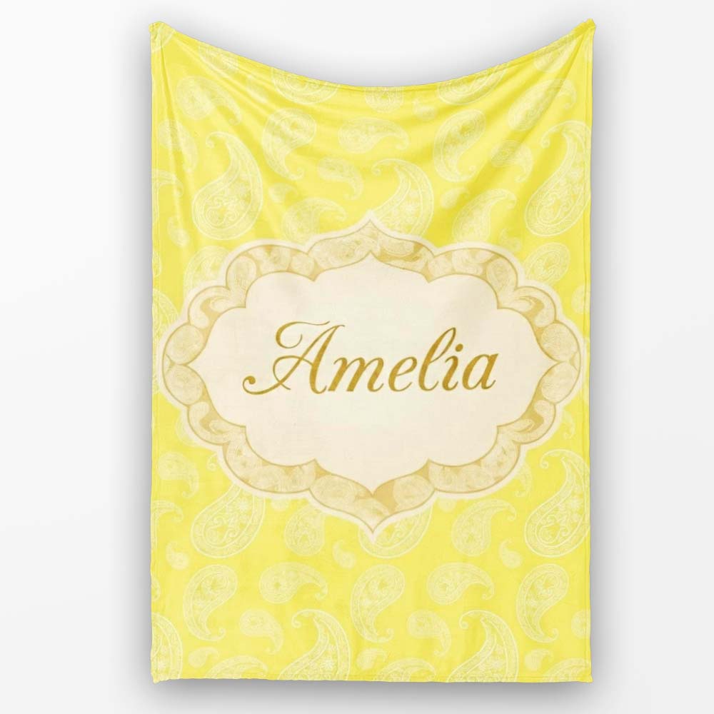 Delicate White Paisley Pattern on Bright Yellow Background Seamless Personalised Custom Name Super Soft Fleece Blanket Bed Sofa Throw