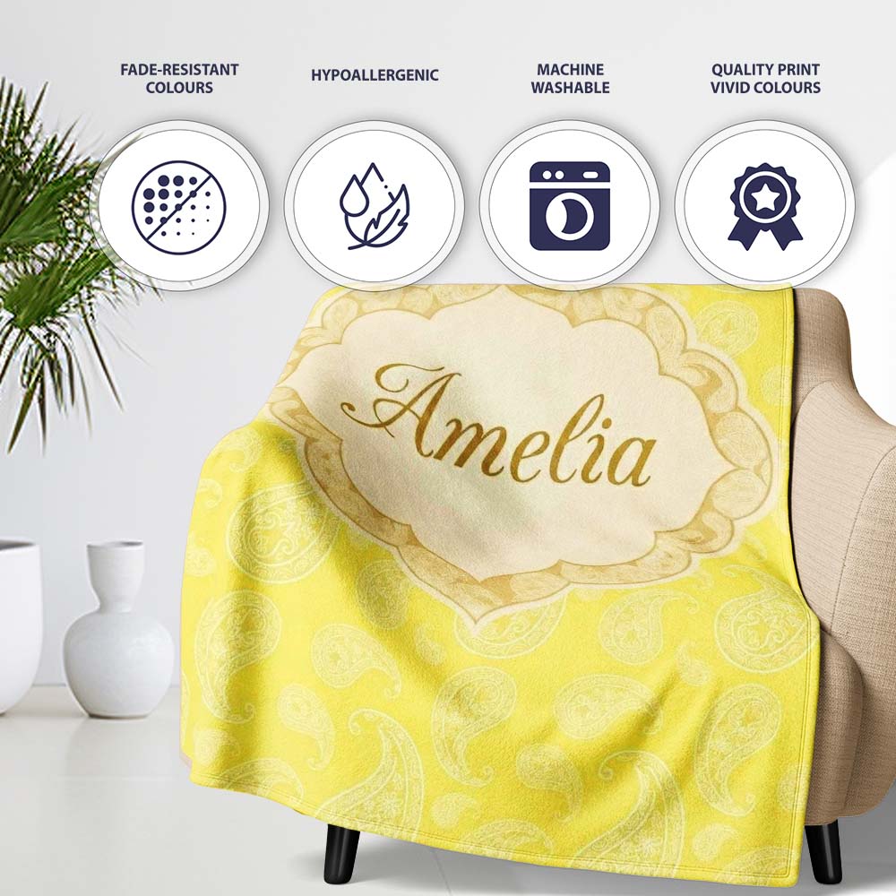 Delicate White Paisley Pattern on Bright Yellow Background Seamless Personalised Custom Name Super Soft Fleece Blanket Bed Sofa Throw