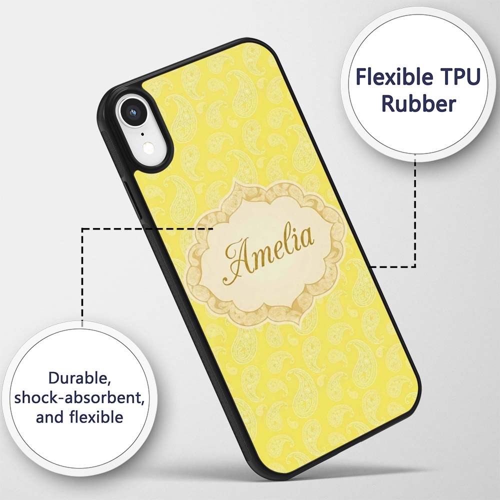 Delicate White Paisley Pattern on Bright Yellow Custom Name Protective Phone Case Mobile Cover Durable Everyday Smartphone Shock Resistant