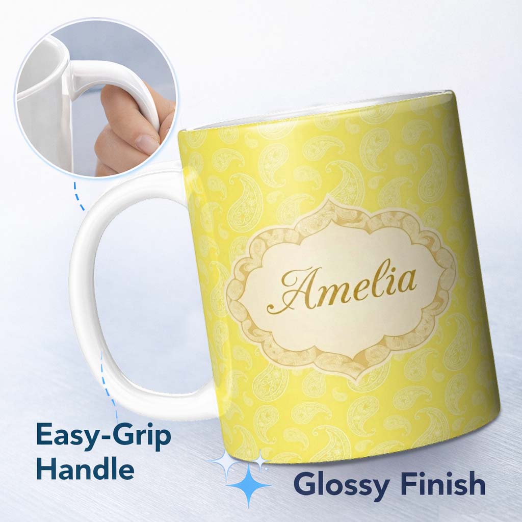 Personalized Custom Name Delicate White Paisley Pattern on Bright Yellow Background Seamless 11oz Ceramic Coffee Tea Mug White Large Handle
