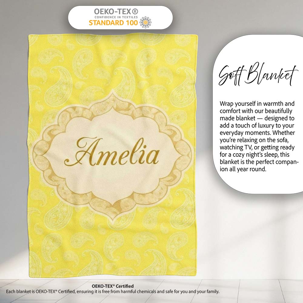 Delicate White Paisley Pattern on Bright Yellow Background Seamless Personalised Custom Name Super Soft Fleece Blanket Bed Sofa Throw