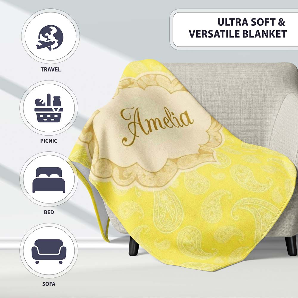 Delicate White Paisley Pattern on Bright Yellow Background Seamless Personalised Custom Name Super Soft Fleece Blanket Bed Sofa Throw