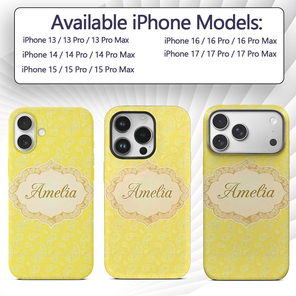 Delicate White Paisley Pattern on Bright Yellow Custom Name Protective Phone Case Mobile Cover Durable Everyday Smartphone Shock Resistant