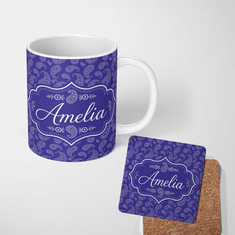 Personalized Custom Name Stylish White Paisley Ornament Pattern on Rich Purple Background 11oz Ceramic Coffee Tea Mug White Large Handle
