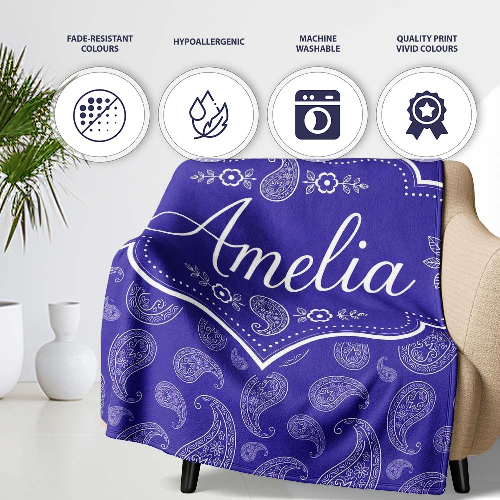 Stylish White Paisley Ornament Pattern on Rich Purple Background Personalised Custom Name Super Soft Fleece Blanket Bed Sofa Throw