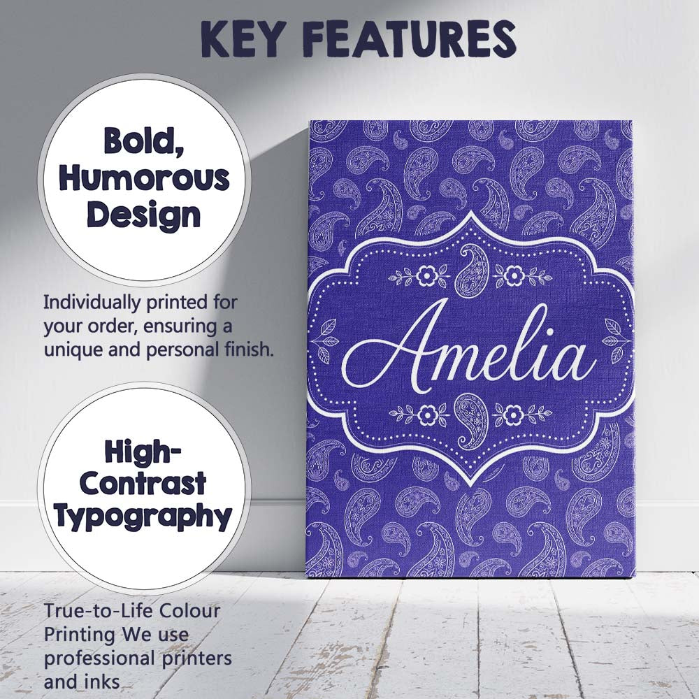 Personalised Name Stylish White Paisley Custom Modern Room Accent Elegant Feature Canvas Wall Art Print Decor Picture Ready to Hang