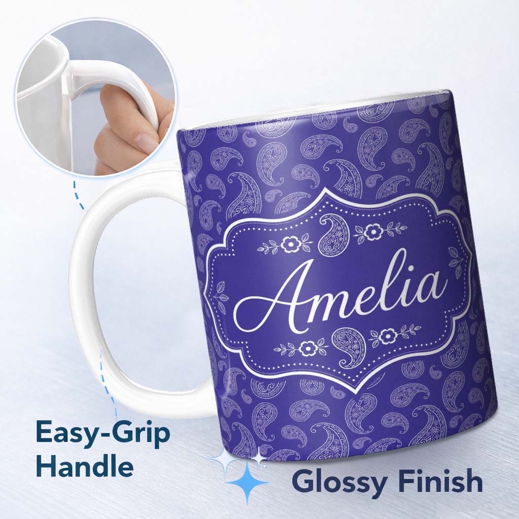 Personalized Custom Name Stylish White Paisley Ornament Pattern on Rich Purple Background 11oz Ceramic Coffee Tea Mug White Large Handle