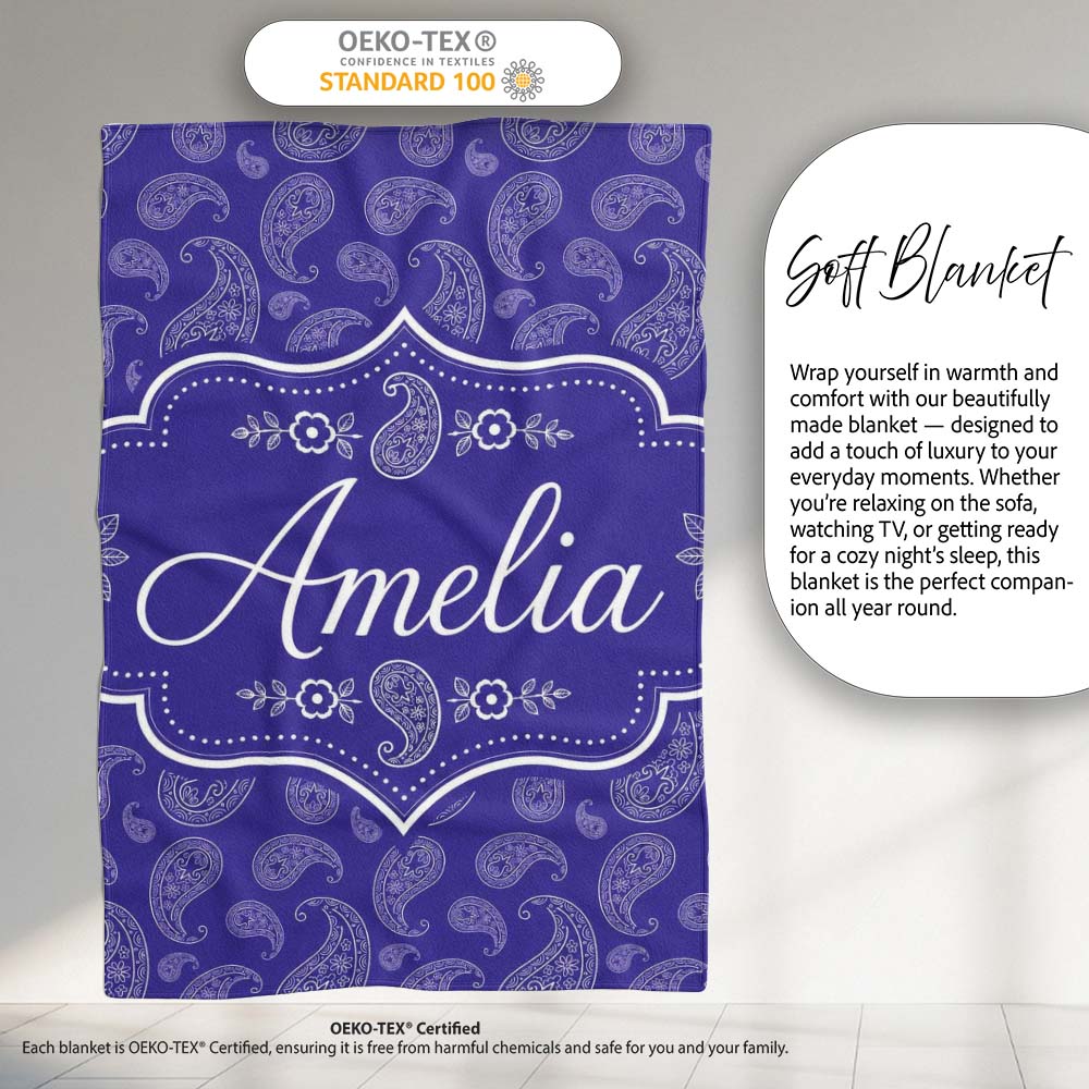 Stylish White Paisley Ornament Pattern on Rich Purple Background Personalised Custom Name Super Soft Fleece Blanket Bed Sofa Throw