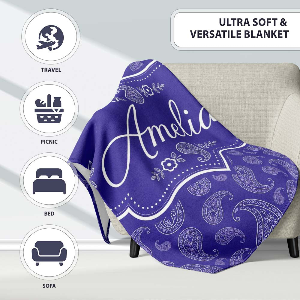 Stylish White Paisley Ornament Pattern on Rich Purple Background Personalised Custom Name Super Soft Fleece Blanket Bed Sofa Throw