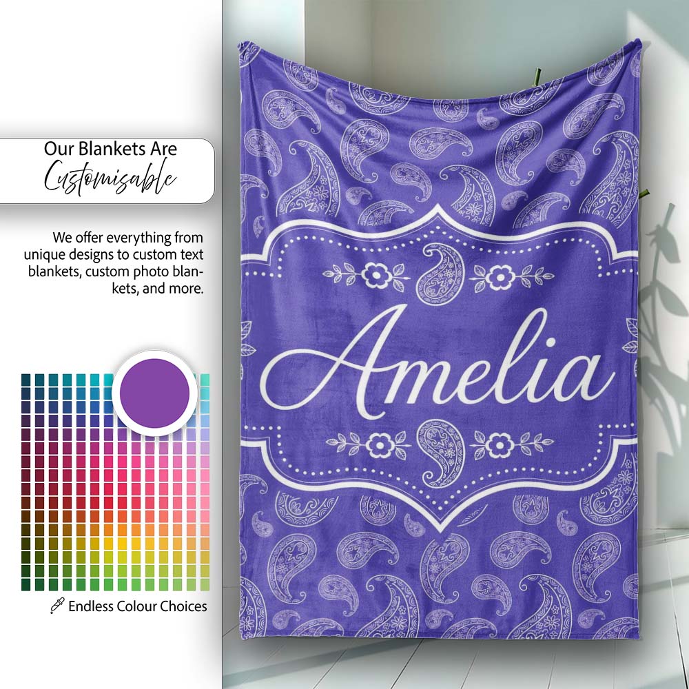 Stylish White Paisley Ornament Pattern on Rich Purple Background Personalised Custom Name Super Soft Fleece Blanket Bed Sofa Throw