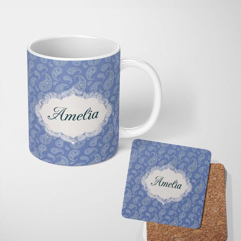 Personalized Custom Name Soft White Paisley Floral Pattern on Muted Blue Background Seamless 11oz Ceramic Coffee Tea Mug White Large Handle
