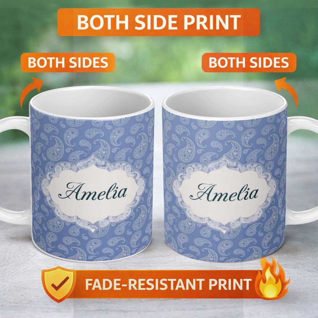 Personalized Custom Name Soft White Paisley Floral Pattern on Muted Blue Background Seamless 11oz Ceramic Coffee Tea Mug White Large Handle