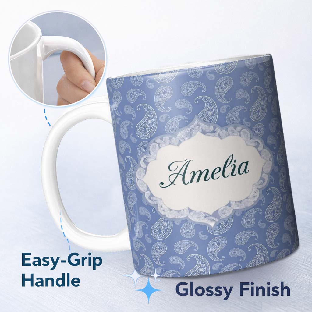 Personalized Custom Name Soft White Paisley Floral Pattern on Muted Blue Background Seamless 11oz Ceramic Coffee Tea Mug White Large Handle