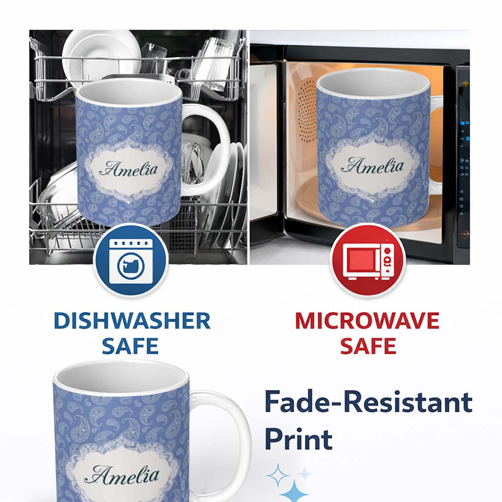 Personalized Custom Name Soft White Paisley Floral Pattern on Muted Blue Background Seamless 11oz Ceramic Coffee Tea Mug White Large Handle
