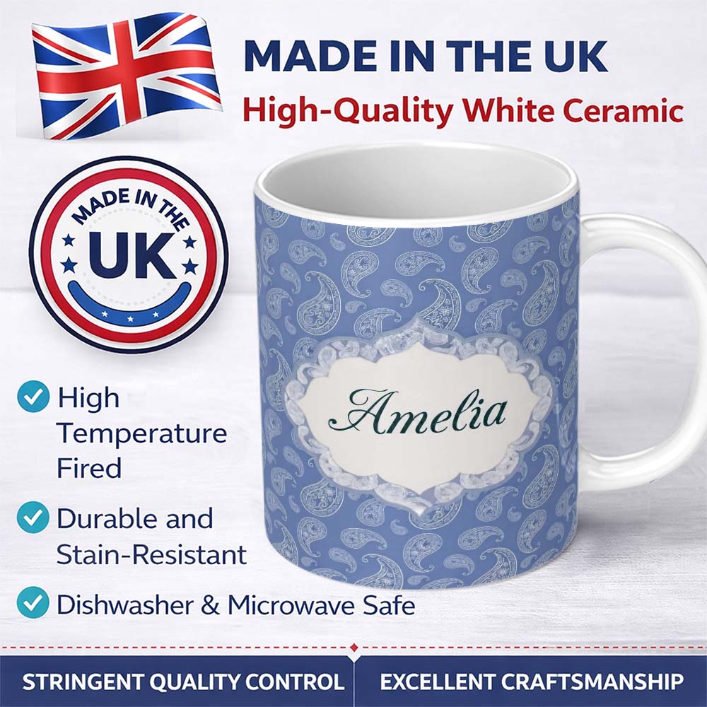 Personalized Custom Name Soft White Paisley Floral Pattern on Muted Blue Background Seamless 11oz Ceramic Coffee Tea Mug White Large Handle